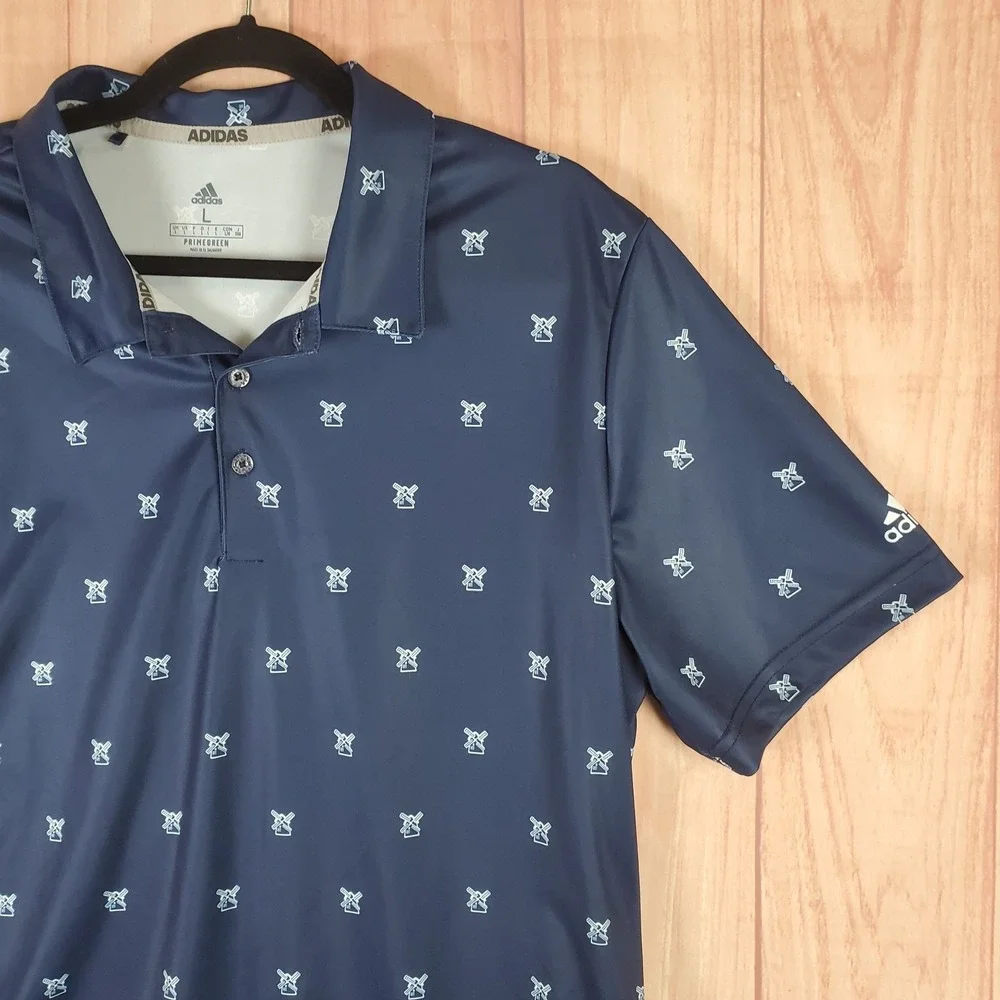 Adidas Polo Shirt Mens Large Navy Blue Logo Windmill Allover Golf